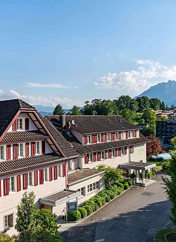 Traditional building with mountains